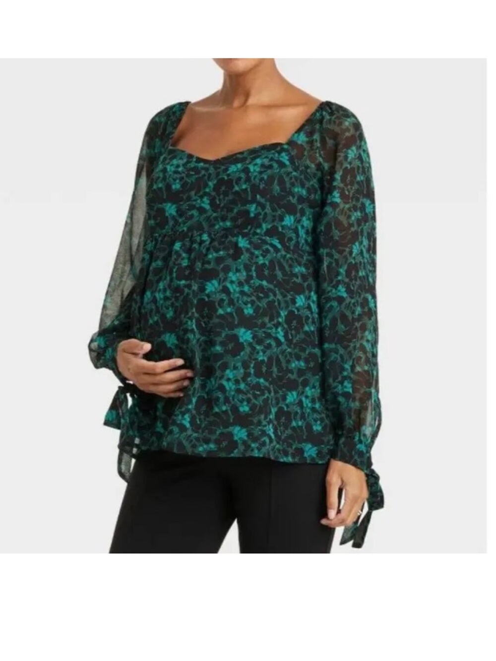 Isabel Maternity Ingrid Isabel Floral Blouse XS Green Black Tie Sleeve NWT